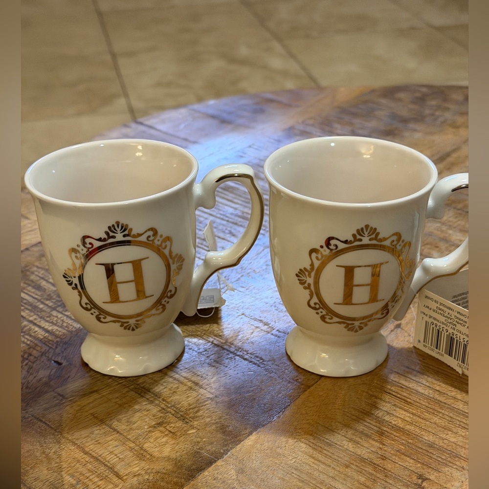 Ashland “H” Initial Coffee Hot Traditional Gold Ornate Cup Mug NWT Set Of 2